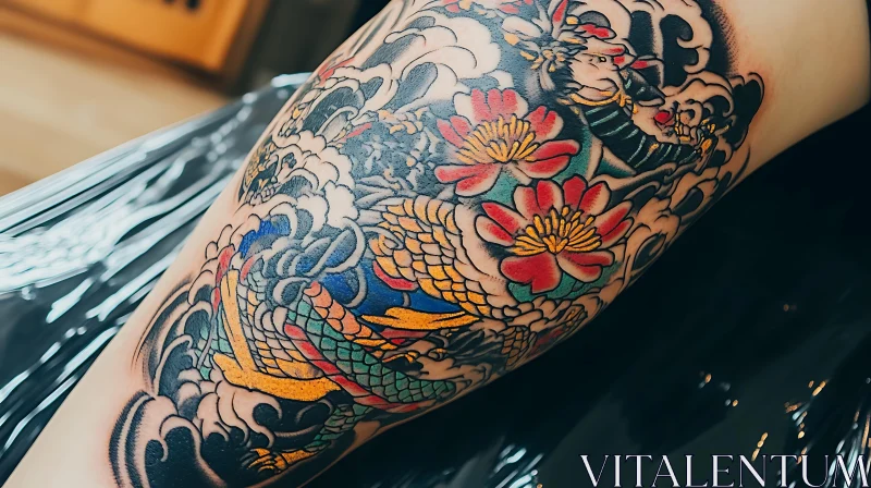 Dragon and Flower Tattoo Art AI Image