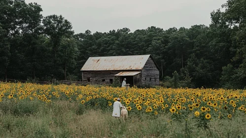 Rustic Barn Amidst Sunflowers