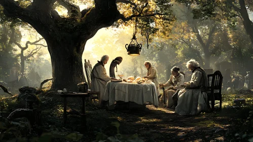 Elderly People Dining Under Ancient Tree