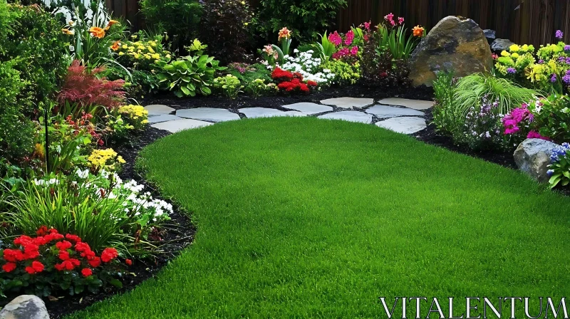 Vibrant Garden with Green Lawn and Flowers AI Image