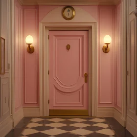 Pink Door with Sconces and Checkered Floor