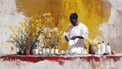 Woman Preparing Herbs with Vintage Still Life