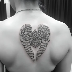 Intricate Black Ink Angel Wings Tattoo