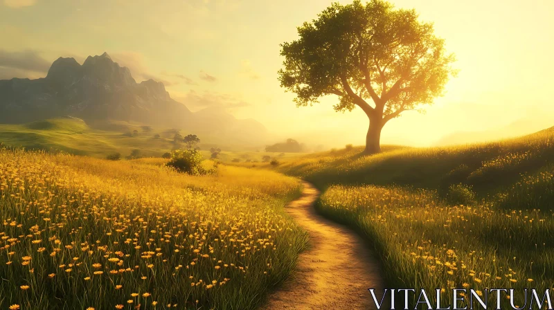 AI ART Sunlit Meadow with Winding Path