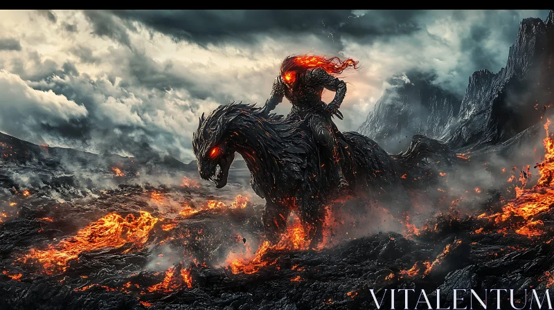 Warrior and Dragon in Fiery Landscape AI Image