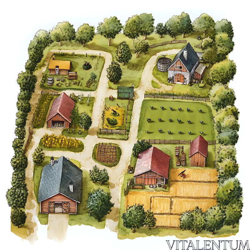 Watercolor Farm Aerial View AI Image