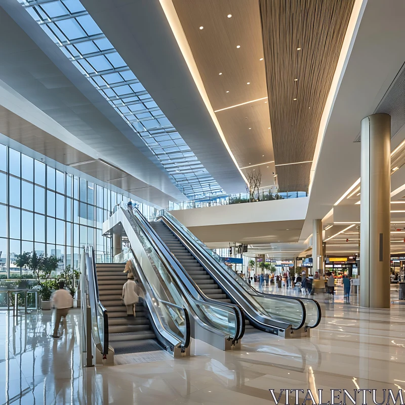 AI ART Bright Airport Hall with Escalators