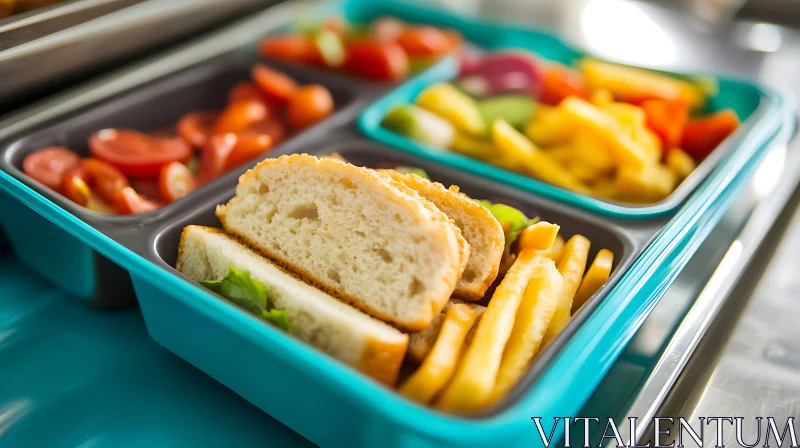 Colorful Lunch Tray with Bread, Fries, and Vegetables AI Image