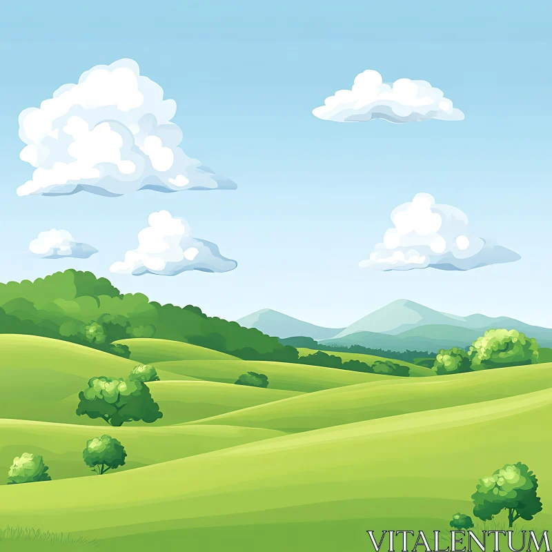 Cartoon Green Hills and Cloudy Sky AI Image