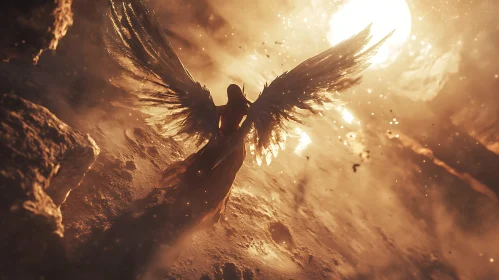 Celestial Angel with Wings in Rocky Terrain