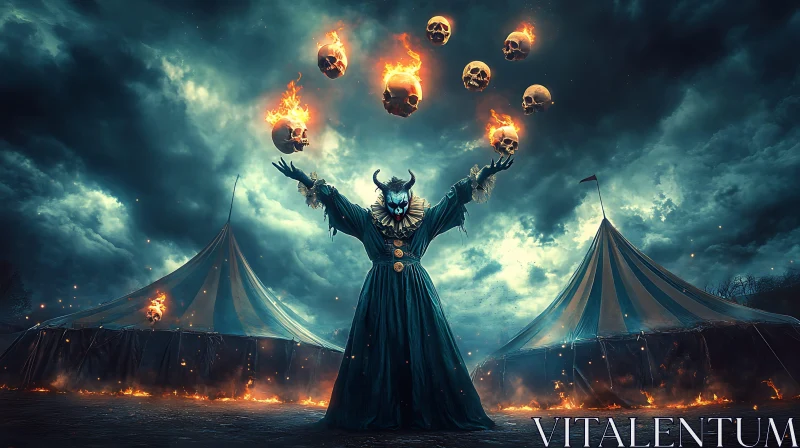 Sinister Clown with Flaming Skulls AI Image