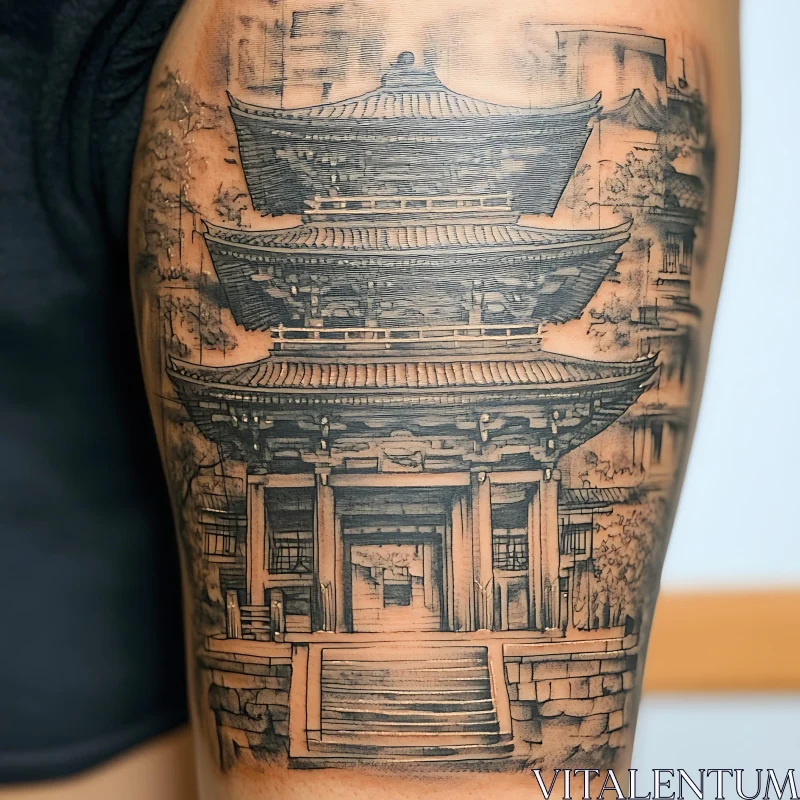 Detailed Traditional Japanese Pagoda Tattoo AI Image