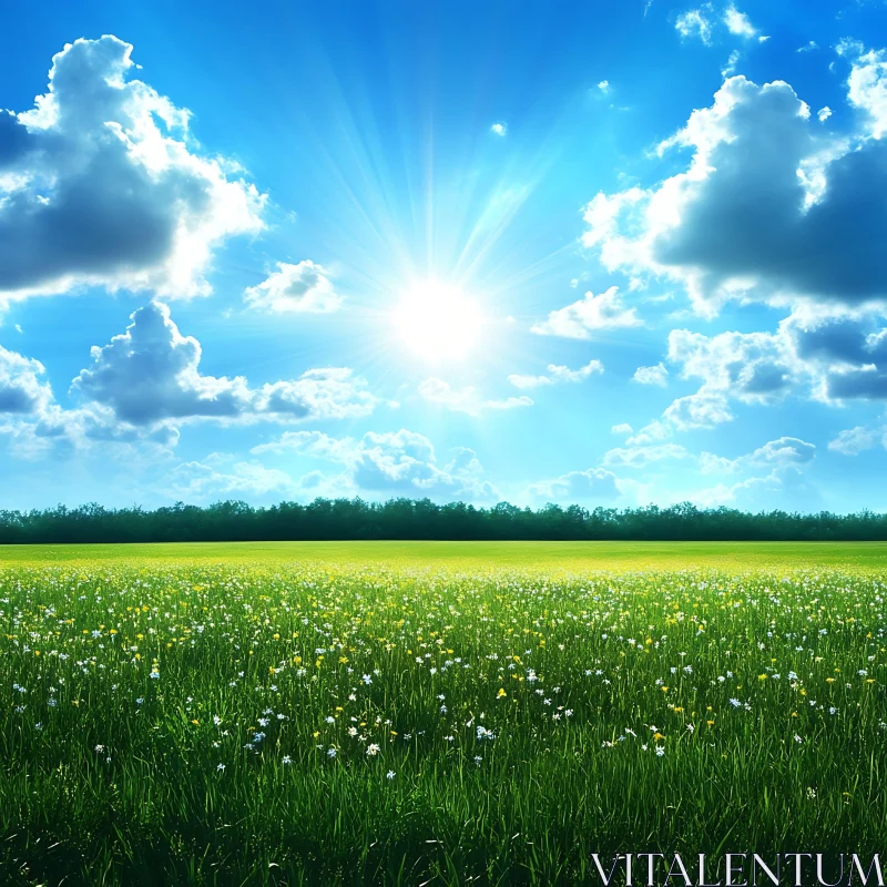 Sunlit Meadow and Azure Sky View AI Image