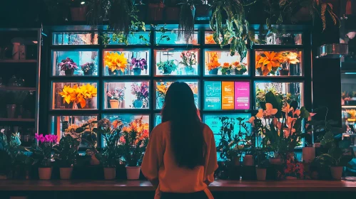 Woman Admiring Illuminated Flower Boxes