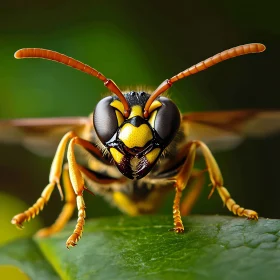 Detailed Close-Up of a Wasp on Green Leaf