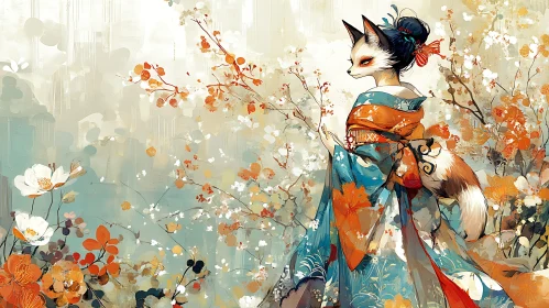 Ethereal Fox-Woman in Floral Setting