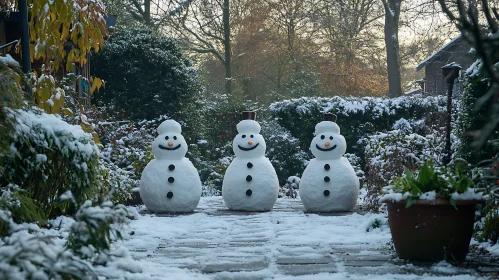 Three Snowmen in a Snowy Garden