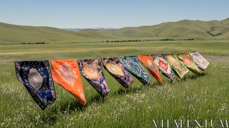 Colorful Fabric Art in a Green Meadow AI Image