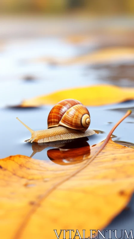 Autumn Serenity: Snail on Yellow Leaf Floating on Calm Lake AI Image