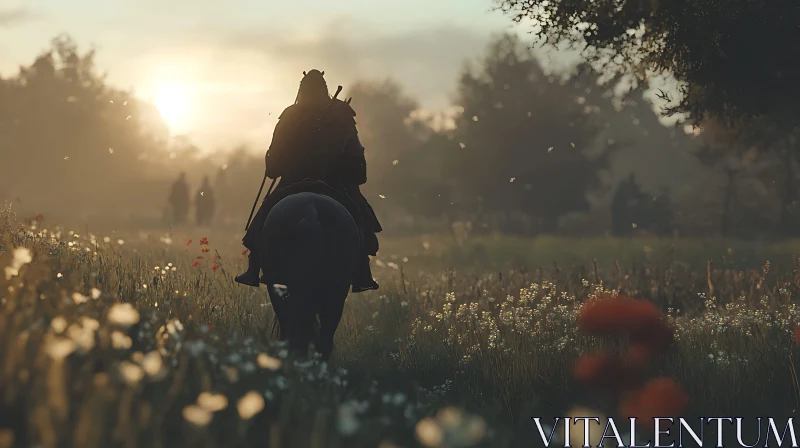 Silhouette on Horseback in Flower Meadow AI Image