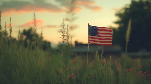 Patriotic Sunset Field with USA Flag