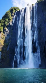 Captivating Nature Artwork: Majestic Waterfall Cascading Down from a Towering Mountain