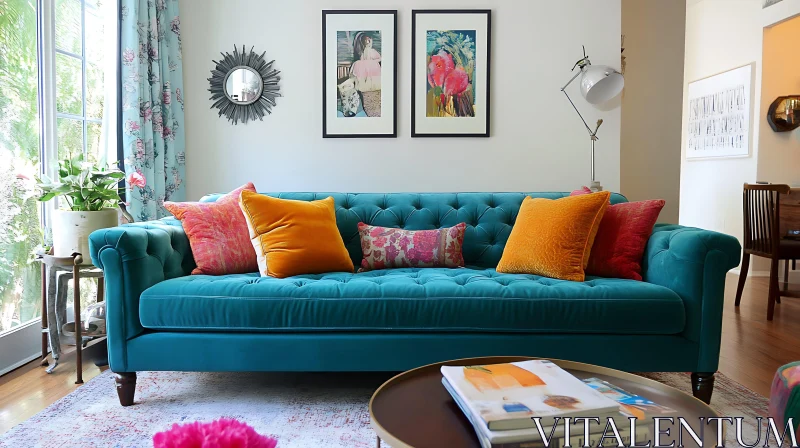 Teal Couch with Pillows AI Image