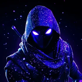 Cosmic Hooded Character with Glowing Eyes