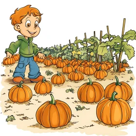 Cartoon Boy and Pumpkins