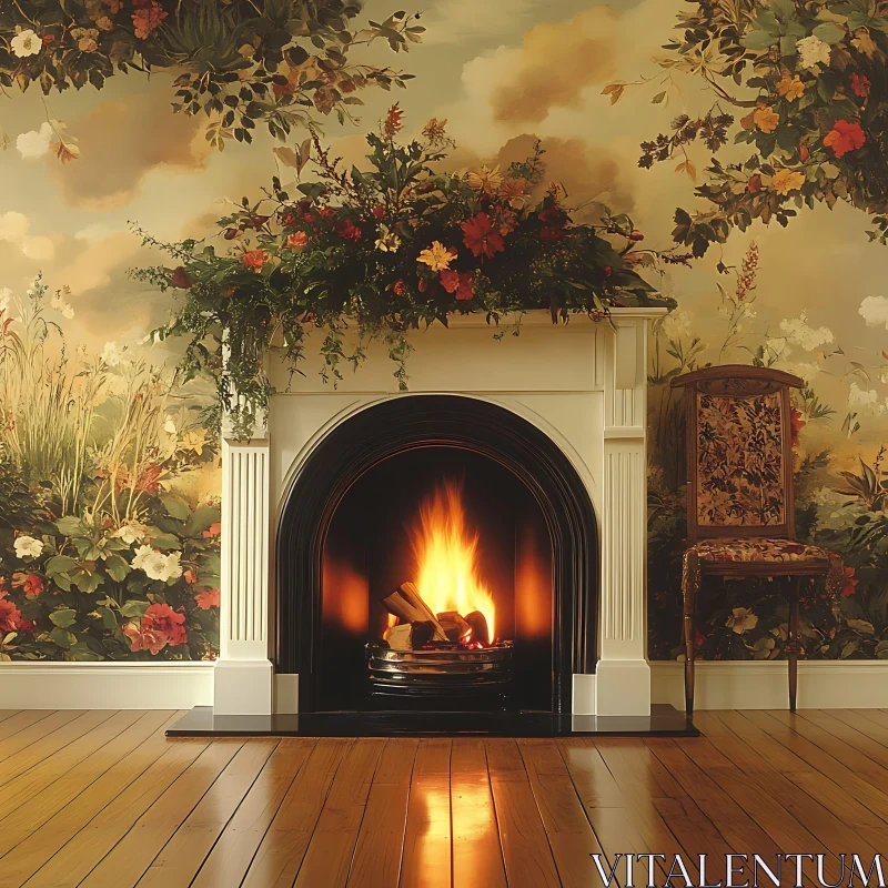 AI ART Floral Wallpaper and Fireplace Interior