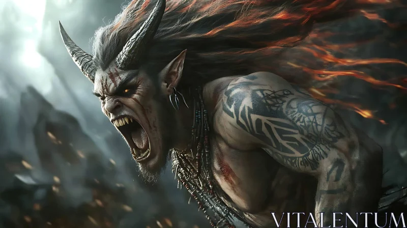 AI ART Angry Demon with Horns and Tattoos