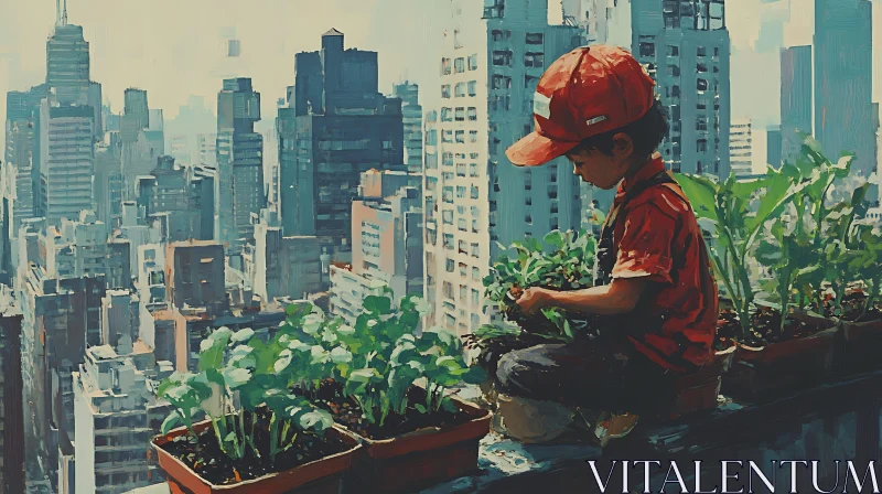 AI ART Urban Garden Serenity: Child and City View