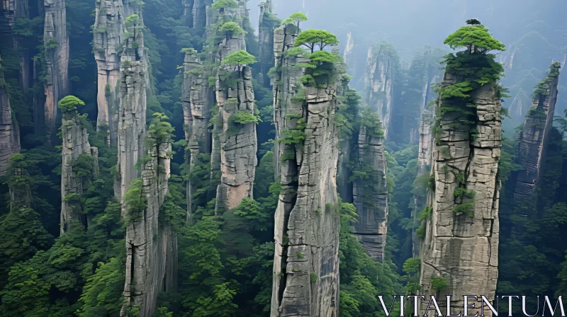 Enchanting Nature: Trees Amidst Majestic Rock Towers in Chinese Forests AI Image
