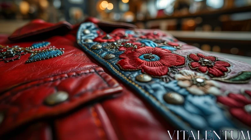 Exquisite Red Leather Jacket with Floral Embroidery | Fashion Photography AI Image