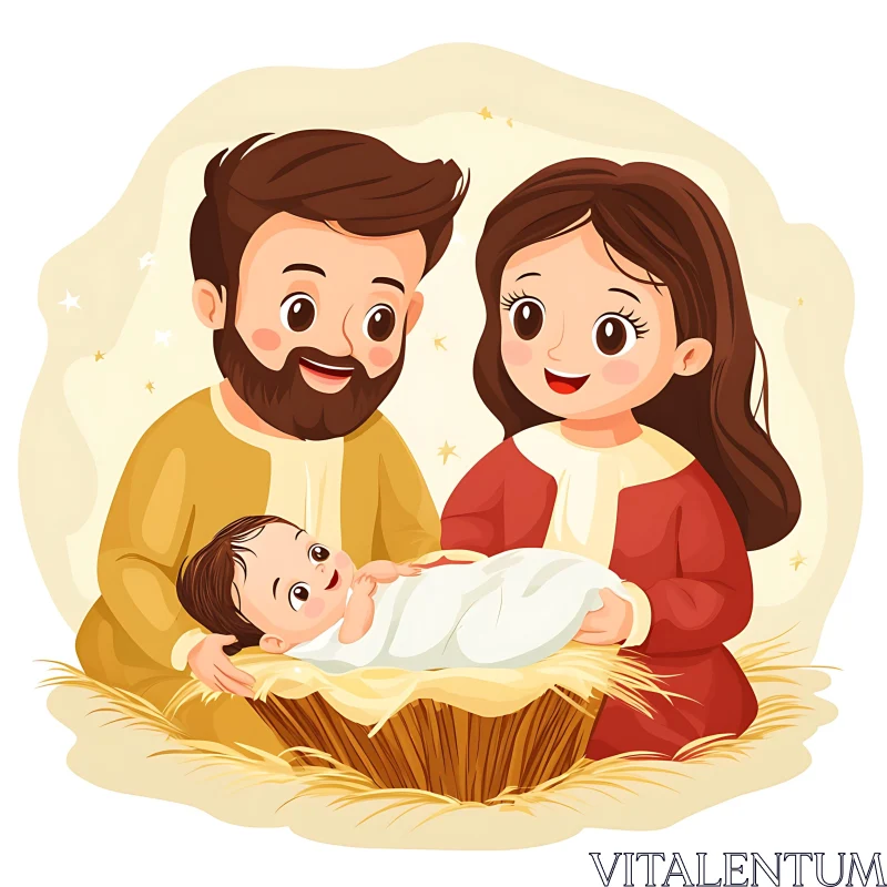 Family Nativity Scene Cartoon Illustration AI Image