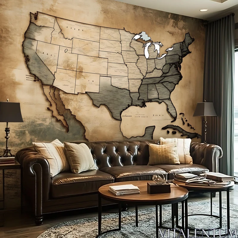 AI ART Cozy Interior with Wooden Map of USA