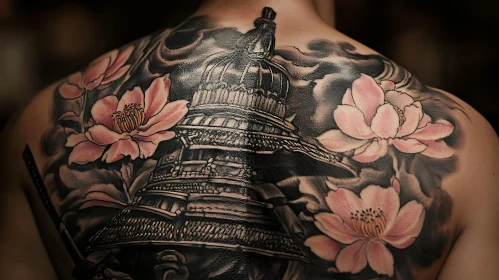 Japanese Themed Back Tattoo with Pagoda and Flowers