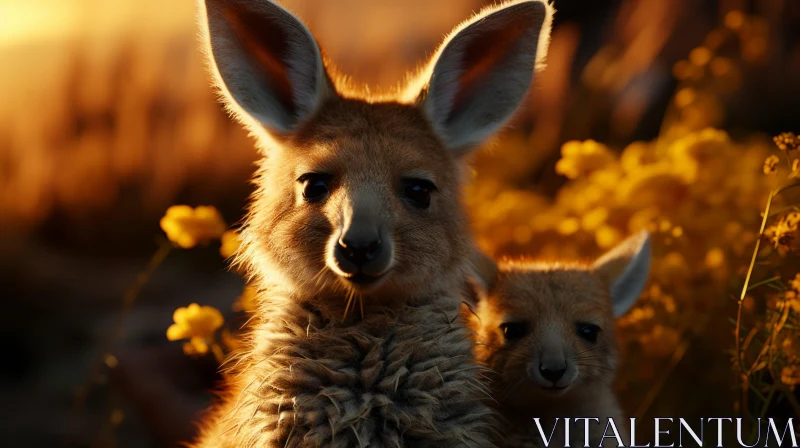 Kangaroo and Baby in Golden Light | Close-up Field View AI Image
