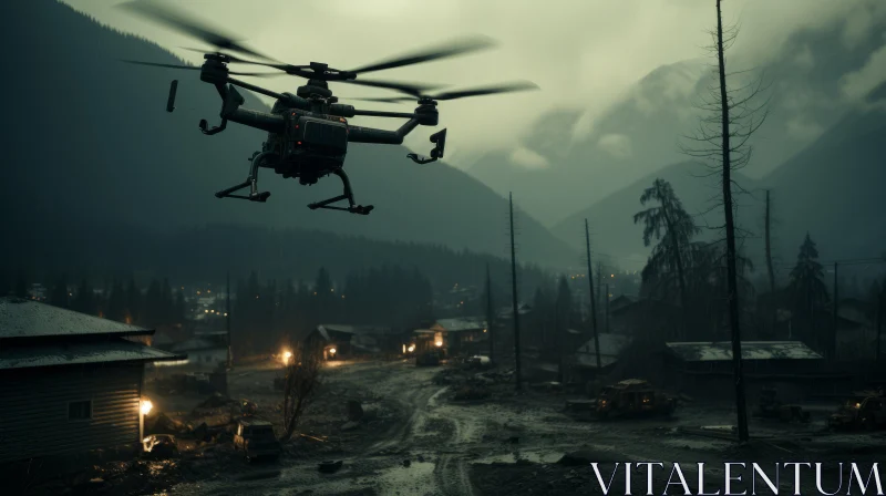 Post-Apocalyptic Helicopter Flight - Emerald and Gray Night Scene AI Image