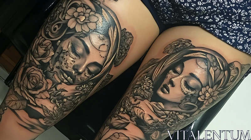 Artistic Thigh Tattoos of Female Faces with Flowers AI Image