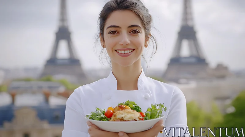 Chef Presenting Salad at Eiffel Tower AI Image