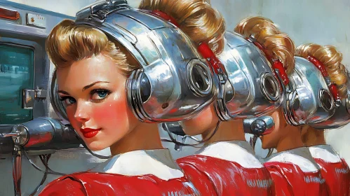 Futuristic Retro Women in Metallic Helmets