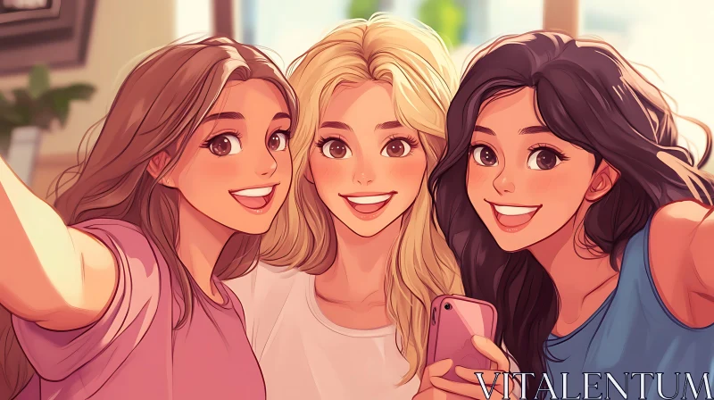 Three Smiling Girls Posing for Selfie AI Image