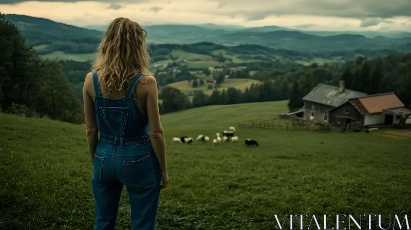 Rural Landscape with Woman and Cattle AI Image