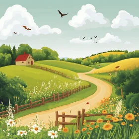 Idyllic Rural Scene with House and Flowers