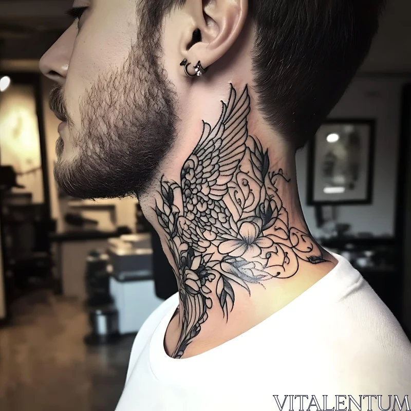 Detailed Black and Grey Neck Tattoo AI Image