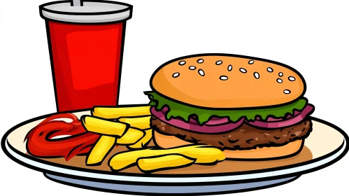 Fast Food Meal Cartoon: Burger, Fries, and Drink