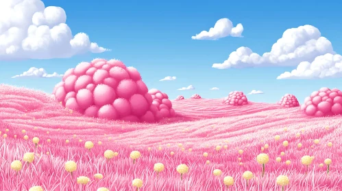 Whimsical Pink Field with Clouds