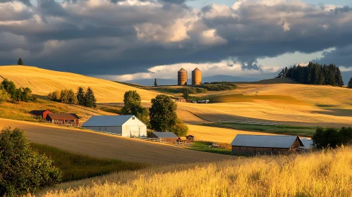 Rolling Golden Fields with Farm Buildings