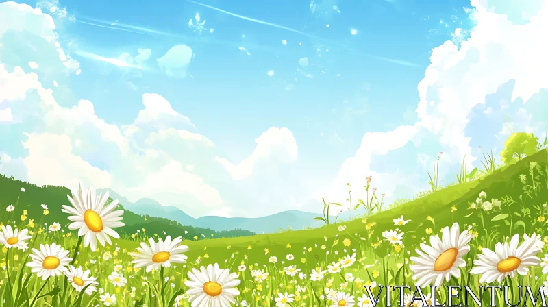 Summer Meadow with Daisies Illustration AI Image